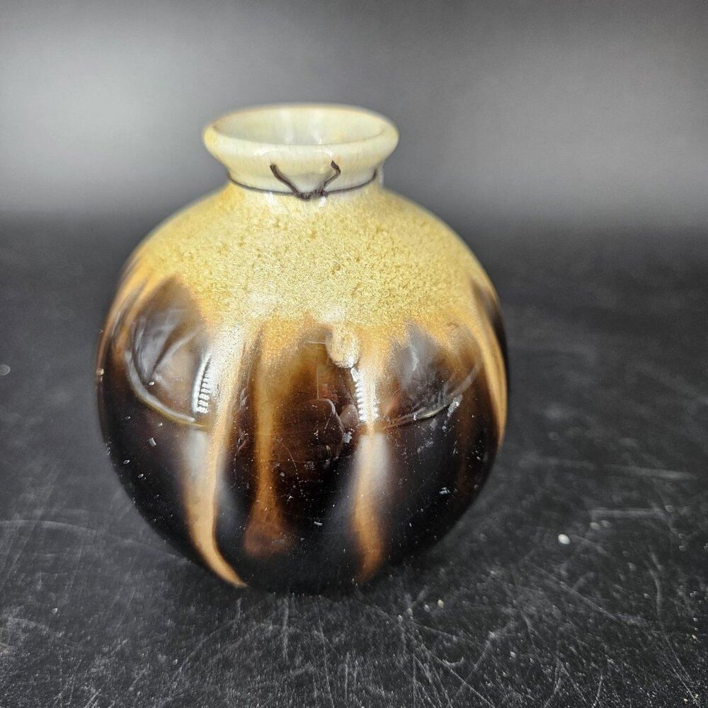 Ceramic Bud Vase Drip Glaze Brown Black Tan Mini Round Serenity Charm Incense 3" - Picture 5 of 10